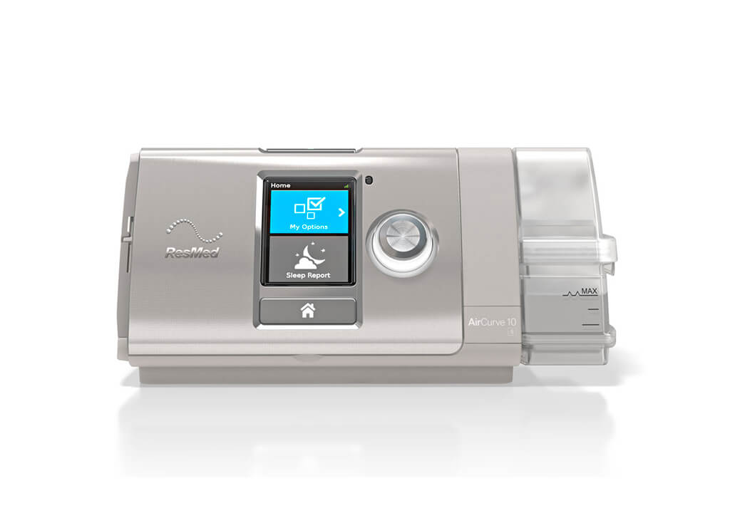ResMed AirCurve 10 CPAP machine on a white background
