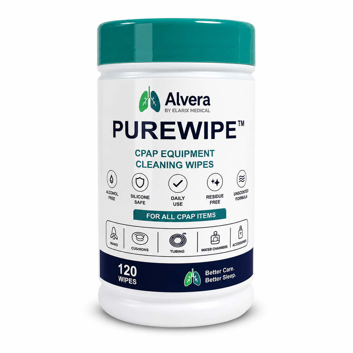 Alvera PureWipe CPAP Equipment Cleaning Wipes — 120 Wipe Tub CPAP cleaning wipes